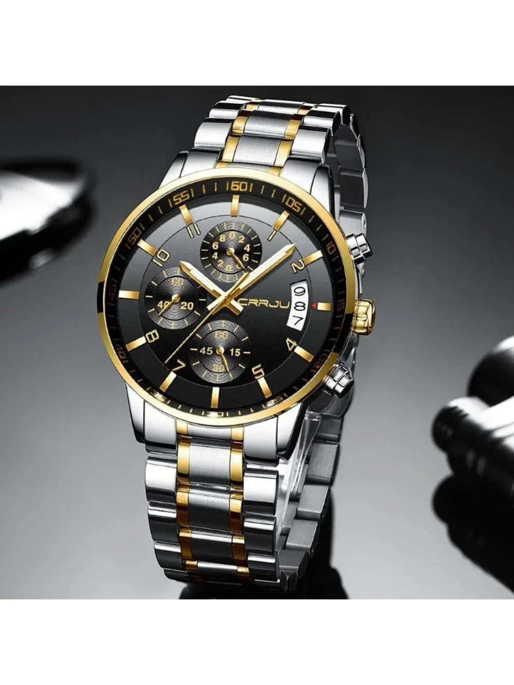 Mens Silver And Black Analog Stainless Steel Waterproof Chronograph Wrist Watch